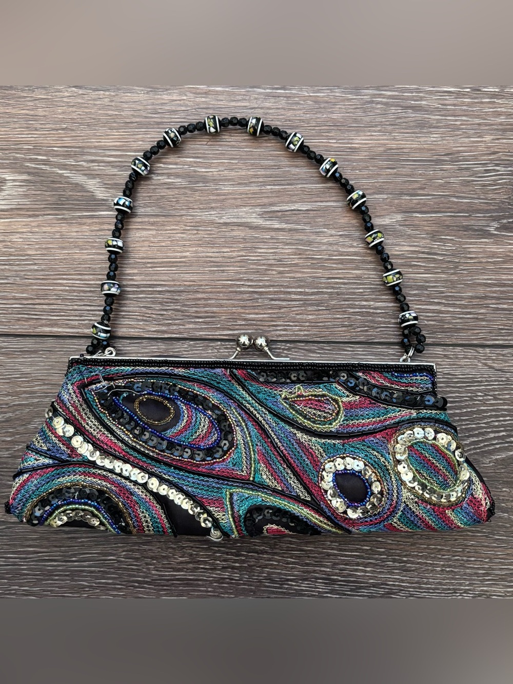 Beaded Paisley Beautiful 19.87Clutch Purse Handbag Sequins Beads Clasp Pocket 10